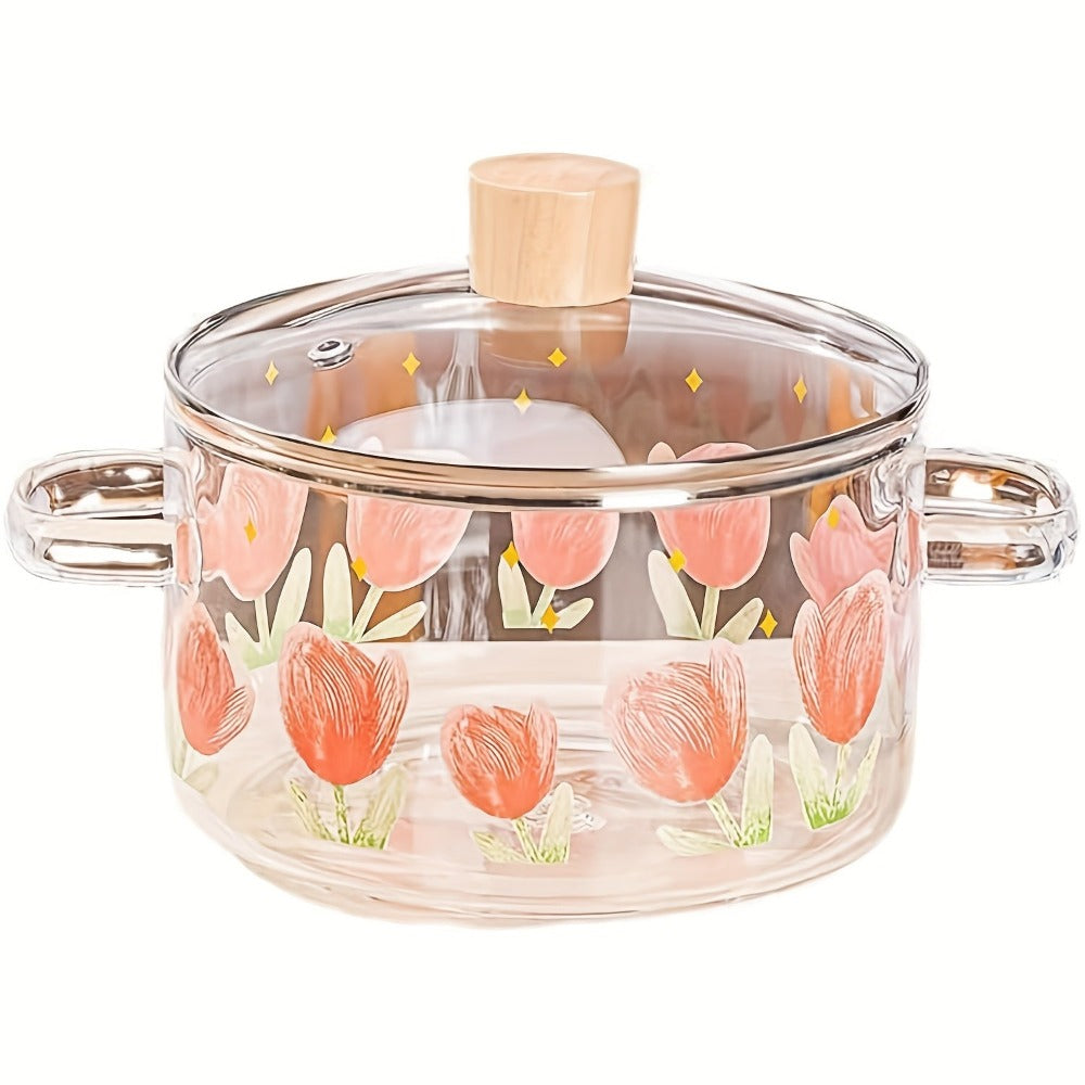 1 pieza de olla de vidrio con estampado de tulipán para sopa, 1500ml/50.7oz. Hecha de vidrio de borosilicato, adecuada para estufas de gas, estufas portátiles, estufas de cartucho, cerámicas eléctricas, no apta para cocinas por inducción, ollita pequeña c