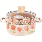 1 pieza de olla de vidrio con estampado de tulipán para sopa, 1500ml/50.7oz. Hecha de vidrio de borosilicato, adecuada para estufas de gas, estufas portátiles, estufas de cartucho, cerámicas eléctricas, no apta para cocinas por inducción, ollita pequeña c