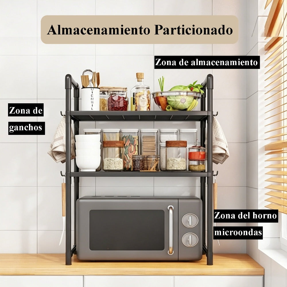 2/3 Niveles Soporte para microondas para encimera, Rejilla Para Horno Microondas Metal, Soporte Para Microondas Y Horno Cocina Con 4/8 Ganchos, Tiendas de condimentos, Adecuado para cocinas (Blanco / Negro)