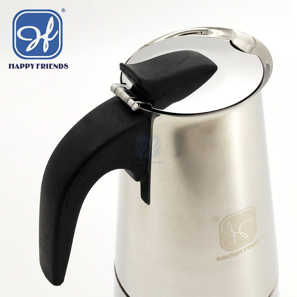 Cafetera Italiana de Acero Inoxidable para Espresso, Cafetera Moka Clásica, Mango Ergonómico de Agarre Frío, Ideal para Gas y Eléctrica (No apta para inducción Vitrocerámica), 2-12 tazas- Happy Friends