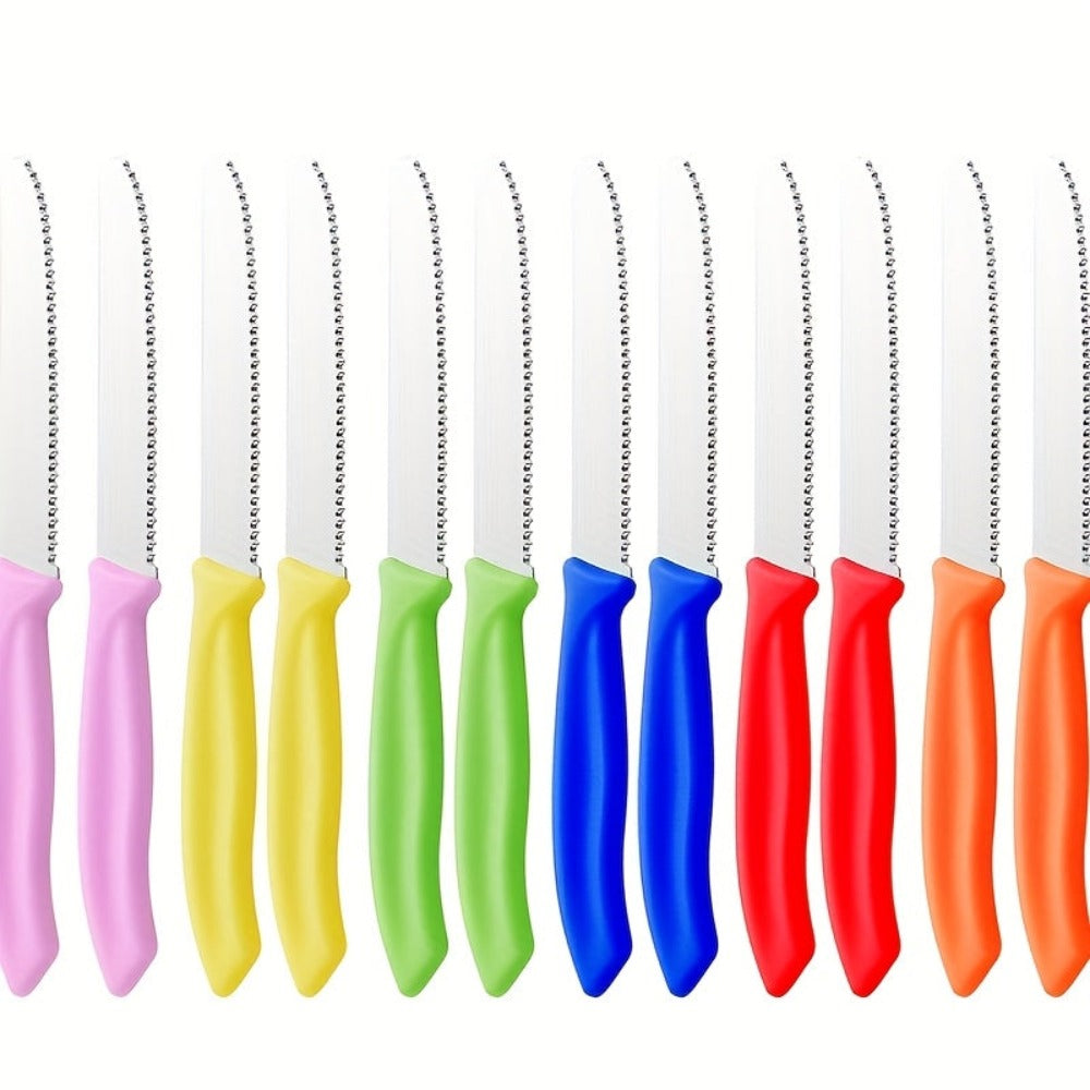 Día de la Asunción; Envío directo de la fábrica 12 piezas/juego Cuchillo de desayuno de colores mixtos, juego de cuchillos de bistec de acero inoxidable de alta gama, filo afilado, mango ergonómico, agarre cómodo, adecuado para 12 personas, adecuado para