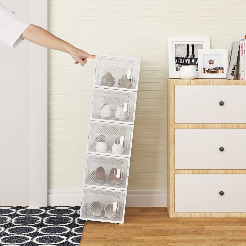 1pc Zapatero, con 18 Cajas Apilables para Zapatos, Sistema de Estantes para Zapatero con Cierre Magnético, Estante de Plástico DIY, 25x19x35cm, Blanco Transparente