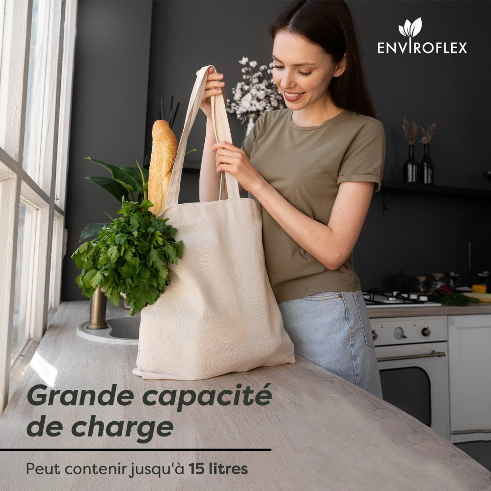 Bolsas de tela Enviroflex de 38 x 42 cm (paquete de 25/100), 100 % algodón natural, reutilizables, con asas largas.