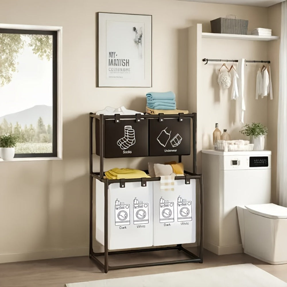 Cesta de Ropa Plegable Doble Capa con 4 Bolsas Desmontables, Cesto Multifuncional Ahorrador de Espacio, Material Duradero, Diseño Enrollable, Fácil Instalación, Estilo Minimalista Moderno, Ideal para Dormitorio, Baño y Cocina, Organizador Multifuncional,D