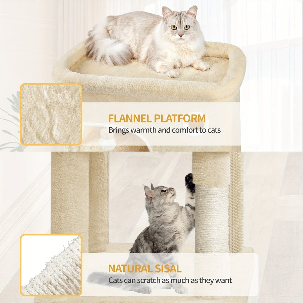 Árbol para Gatos, 203 cm con Plataforma Grande, Cueva Doble, 7 Postes Rascadores Pomponas Reposadería Hamaca Adecuado Para Todo TipodeGato Gris Claro/grisescuro Beige