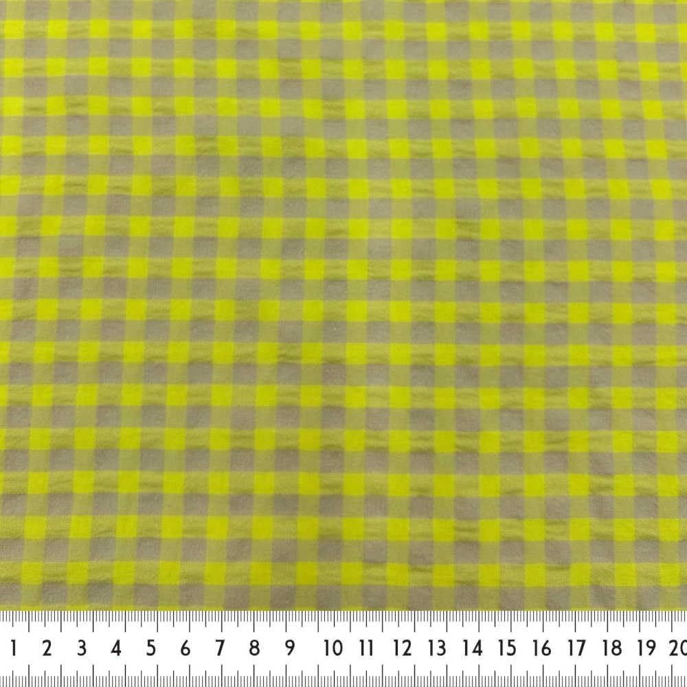 Tela Seersucker, 60% Algodón, 40% Poliéster Reciclado GRS, Camisería, Prendas Moda, Cuadros Vichy, Amarillo Flúor