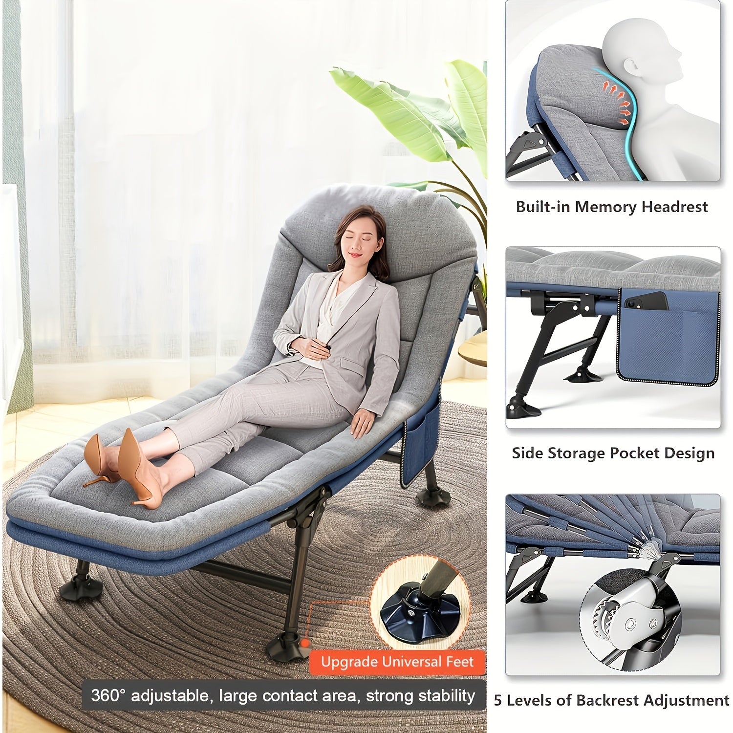 Camilla Solar de Jardín - Jardín Reclinable, Cama de Pesca, Pesca de Carpa con Bolsillo Lateral y Colchón, Camilla Solar Portátil Ajustable de 5 Velocidades para Exteriores