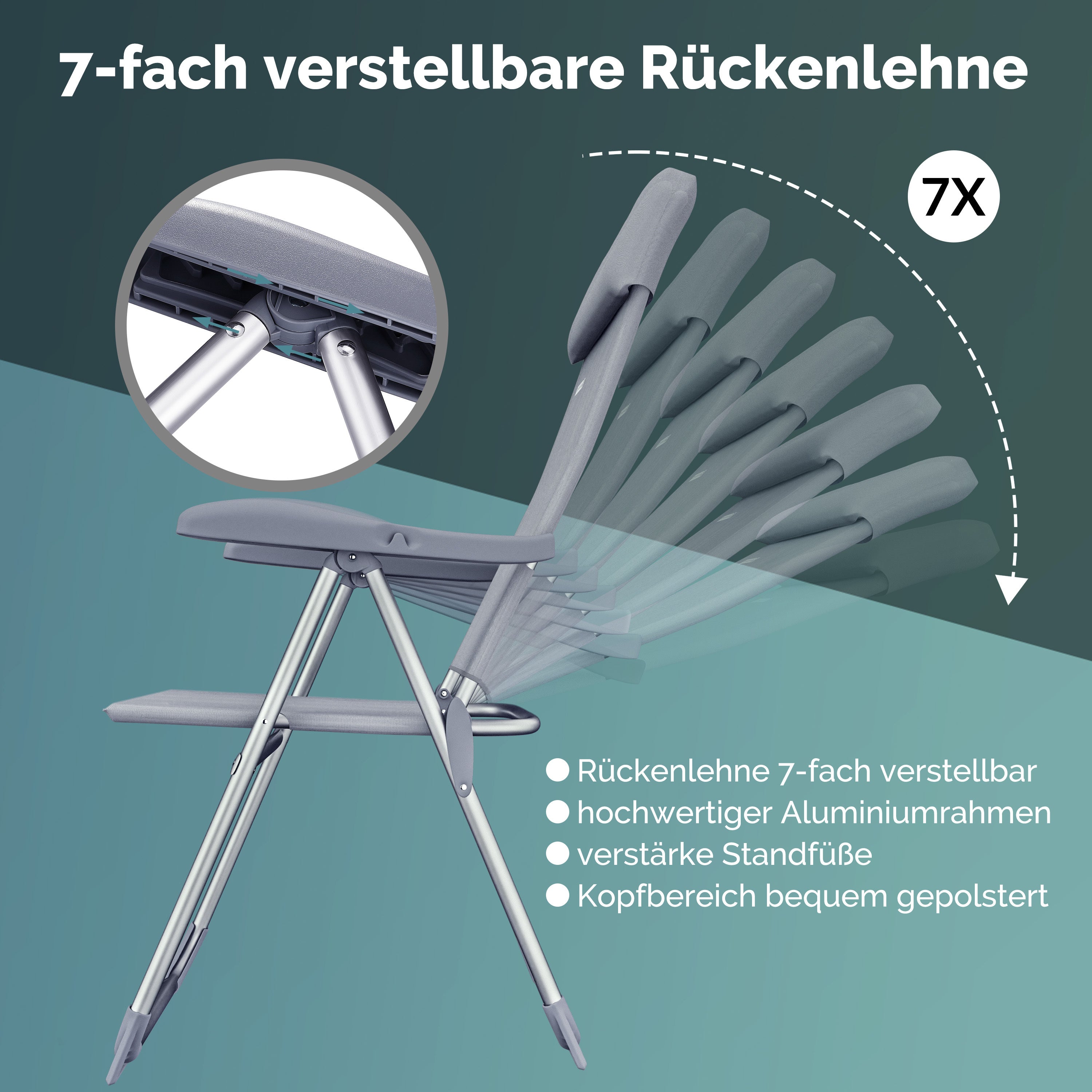 CASARIA® Sillas de Jardín Juego de 4 Plegables Ajustables en 7 Direcciones de Aluminio con Respaldo Alto Función Reclinable Silla de Camping Plegable para Balcón Silla Plegable Respaldo Alto