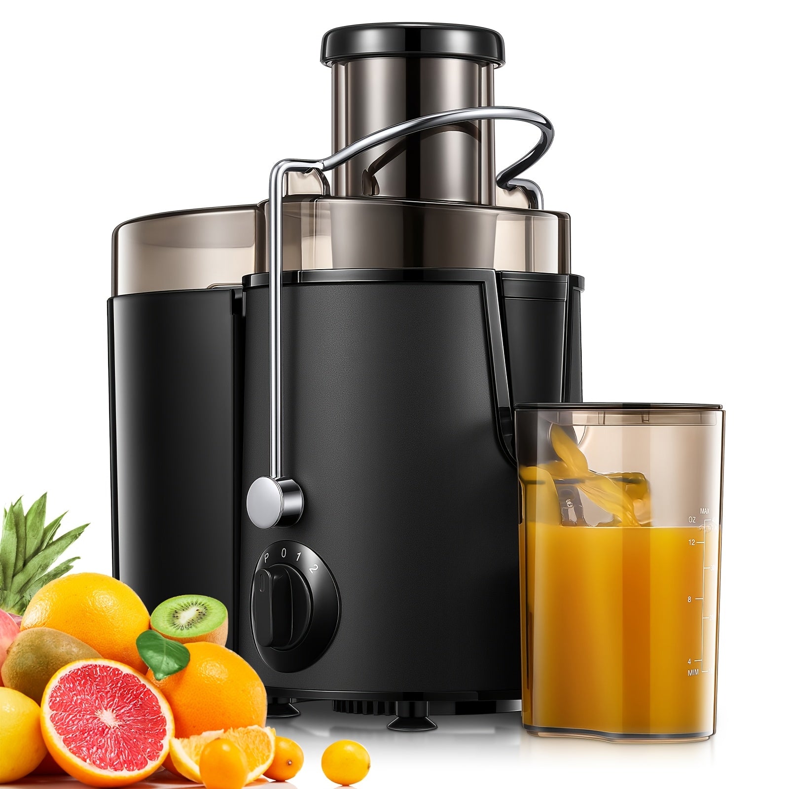 Licuadora de 400W con un gran conducto de alimentación para frutas y verduras enteras, fácil de limpiar, diseño centrífugo de acero inoxidable, base antideslizante, extremo plateado