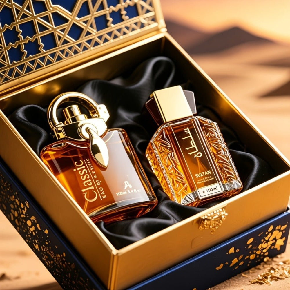 Set de fragancias para hombre estilo árabe de 2 piezas. Diseño de botella de lujo vintage, aroma amaderado de larga duración. Ideal para uso personal o para regalar en festividades (Navidad, San Valentín, Año Nuevo)
