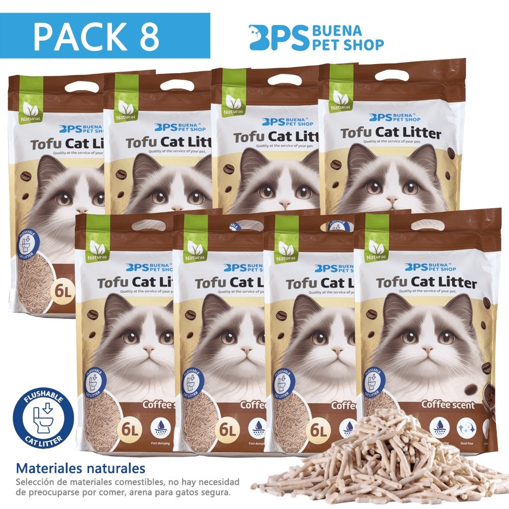 BPS Arena de Tofu para Gatos aglomera 6L Pack de 8 Bolsas- Sin Polvo Fácil de Aglomerar y Controla Olores - Biodegradable y Segura para Gatitos