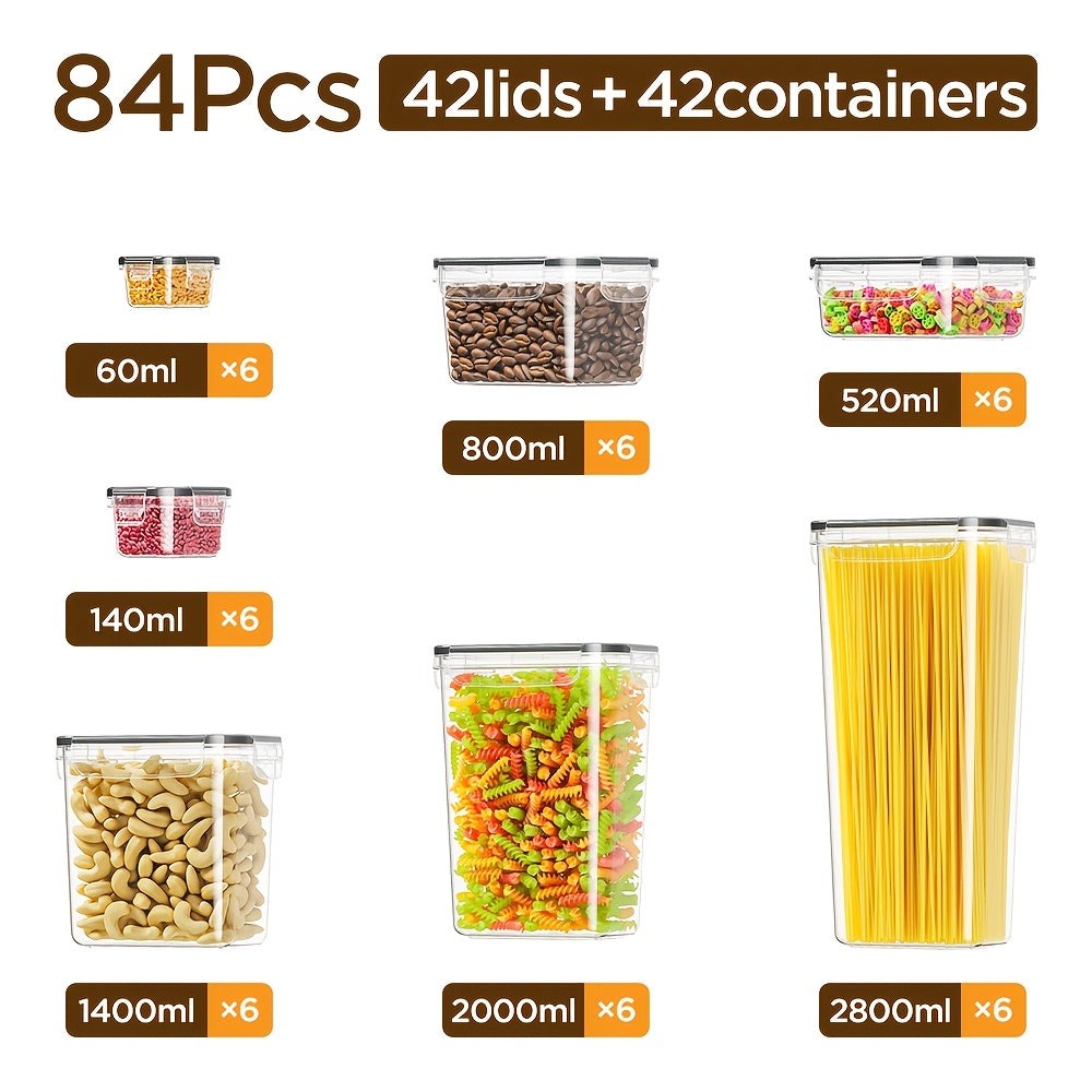 Juego de Contenedores de Alimentos para Almacenamiento en la Cocina de 12/48/84 piezas - Contenedores de Alimentos de Plástico Reutilizables (6/24/42 Tapas y 6/24/42 Contenedores) - Organización y Almacenamiento de Despensa de Cocina - Adecuado para Cerea