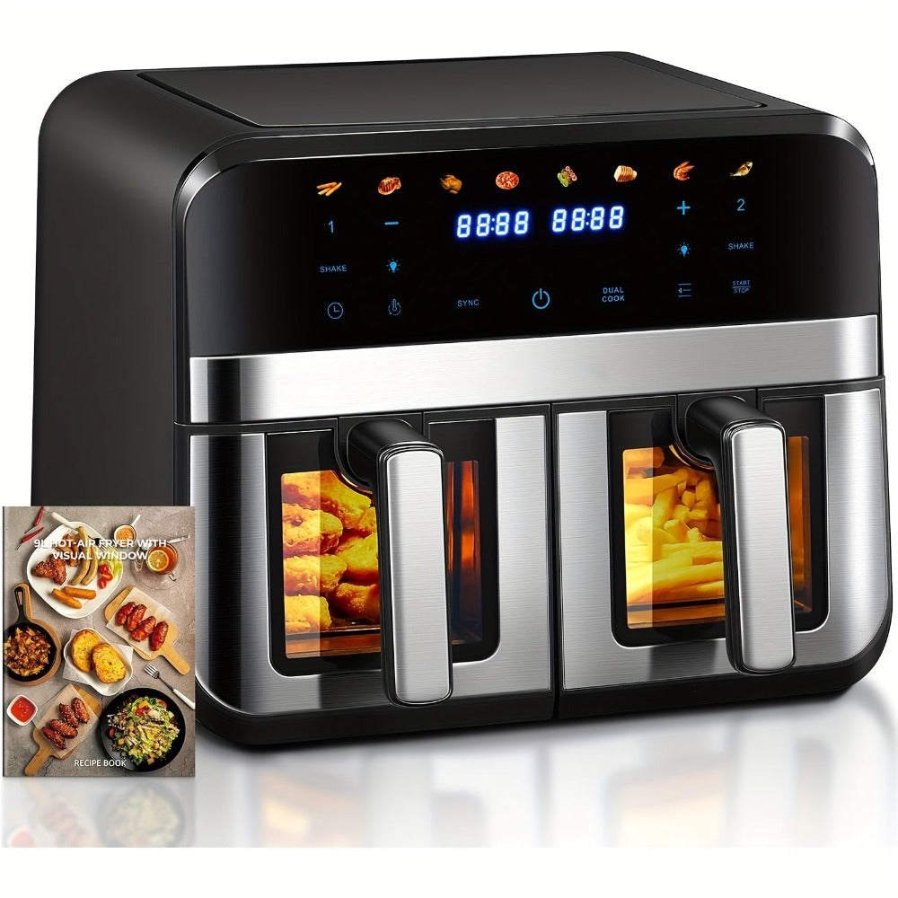 Freidora de Aire Dual de 9L con Ventana Visual, 8 Modos de Cocción, Pantalla Táctil, Display LED, Freidora Digital de Doble Zona con Libro de Recetas, Temporizador y Control de Temperatura, Antiadherente