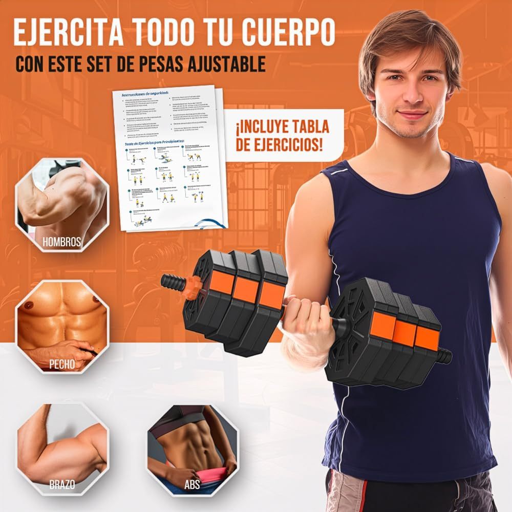 Juego de Mancuernas Ajustables 2 en 1. 10kg a 50kg - Kit de Pesas con Barra Recta Ajustable y Antideslizante - Pesas y Mancuernas Discos Recubiertos