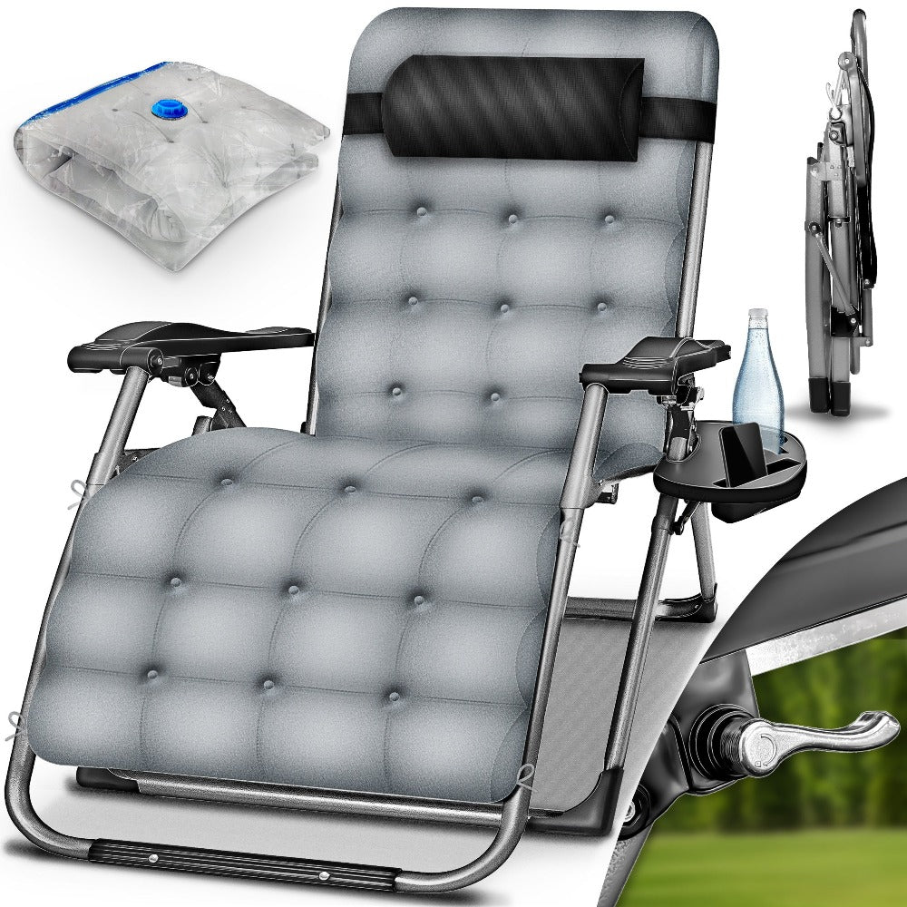 Tillvex® Tumbona Reclinable Plegable hasta 200Kg, Sillón de Sol para Jardín Exterior, Resistente a la Intemperie para Balcón, Jardín y Terraza, Ajustable con Acolchado Grueso, Reclinable, Extra Ancha, con Soporte para Bebidas