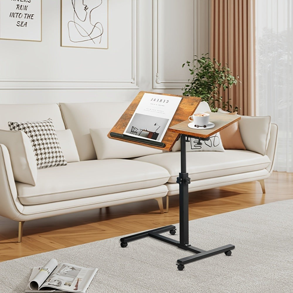 Escritorio Ajustable para Laptop, 60 X 34.5 X 58-90 Cm, Mesa Plegable para Cama, Mesa de Sofá con Ruedas, Soporte Elevable para Laptop Giratorio 360 Grados, Escritorio de Madera para Sofá y Laptop