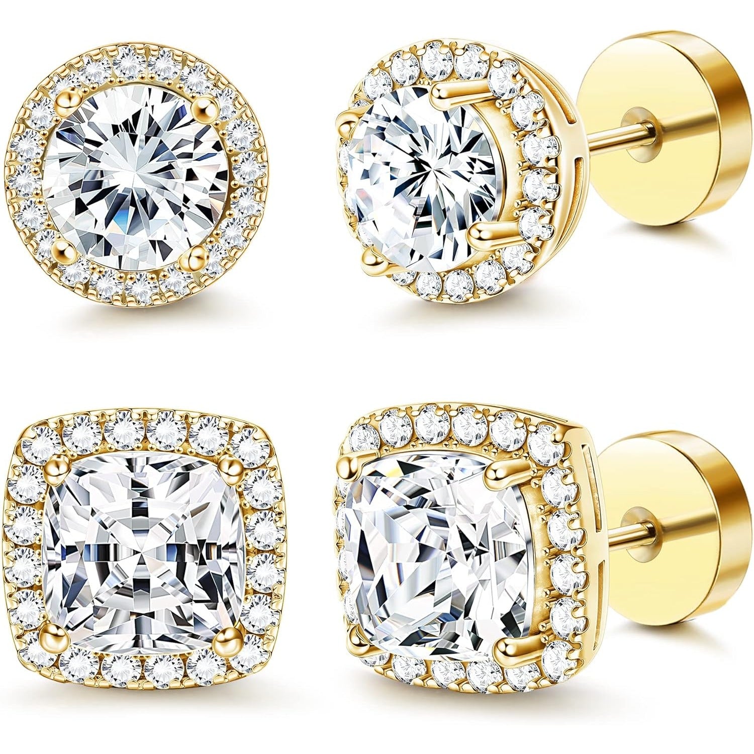 Aretes de Botón Hipoaalergénicos de Oro Chapado 14K, Redondos y Cuadrados, para Hombres y Mujeres, con Gran Zirconia Cúbica Sintética, Aretes Planos para Hombres