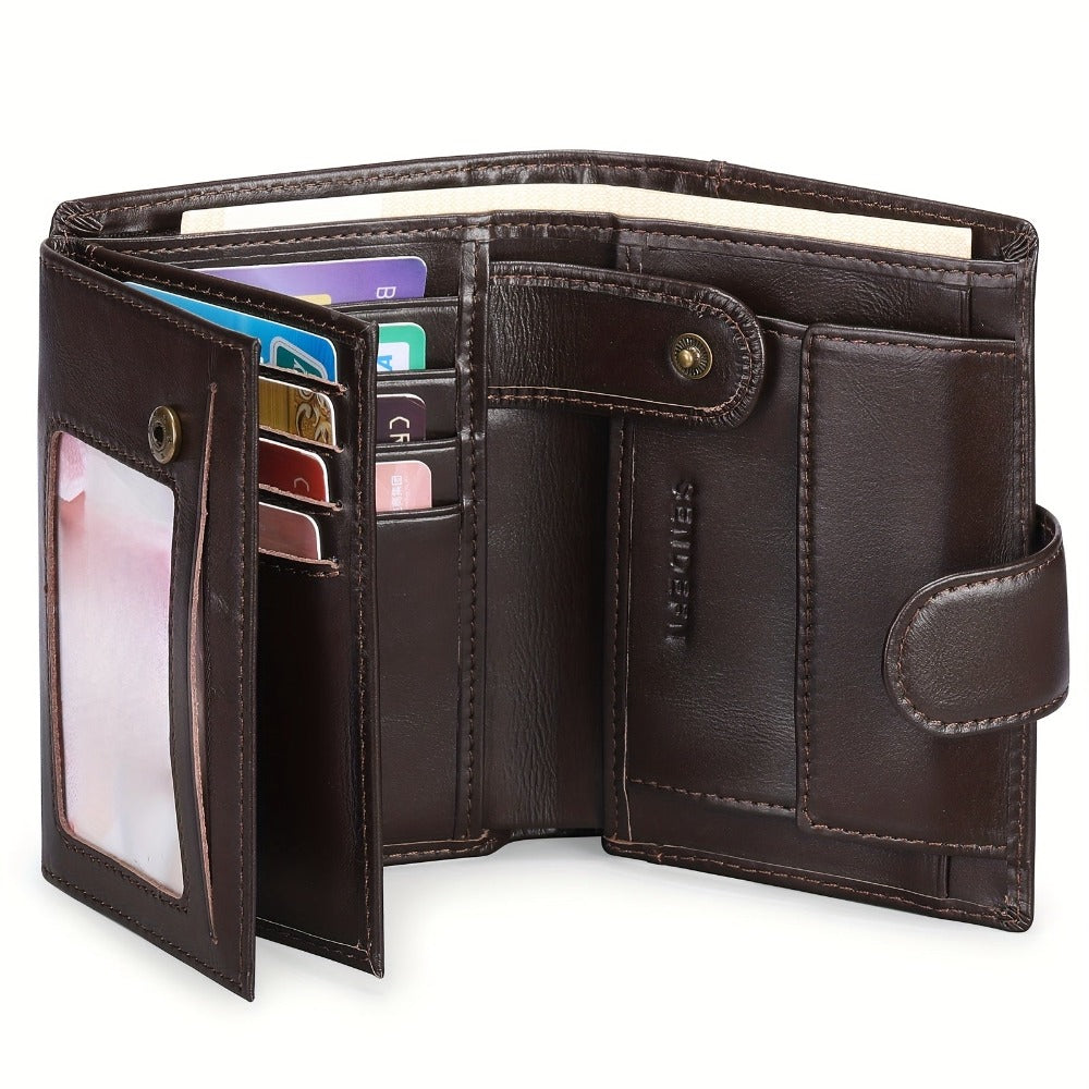 Cartera de Cuero Auténtico de Tres Solapas para Hombre con Protección RFID - Incluye 16 Ranuras para Tarjetas, un Monedero y un Portapasaporte