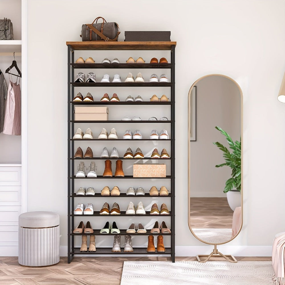 Zapatero, organizador de almacenamiento de zapatos de 12 niveles de gran capacidad, estante alto para zapatos para entrada de puerta principal, malla metálica, armario, marrón rústico y