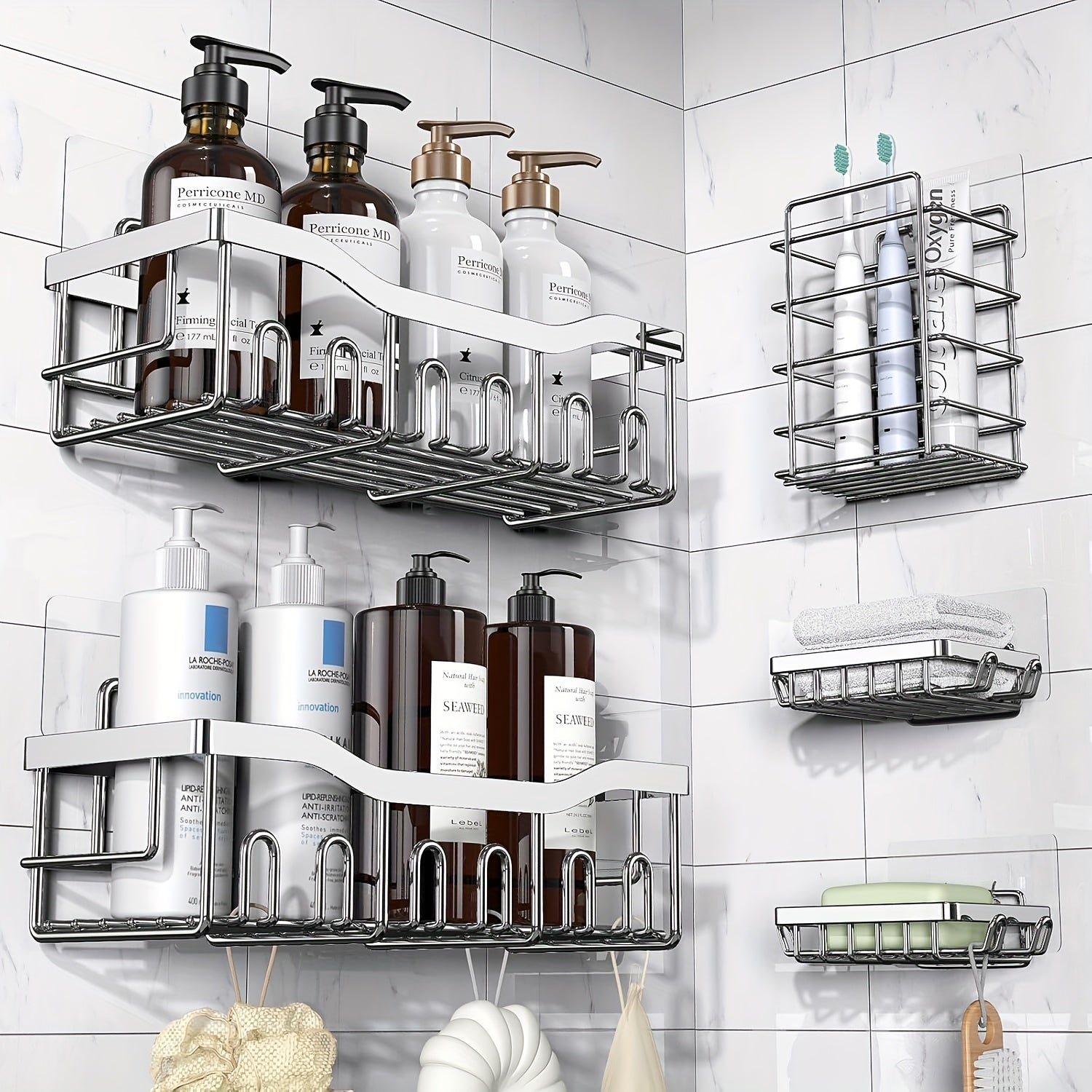 Organizador de ducha adhesivo, paquete de 5 organizadores de baño de acero inoxidable inoxidable a prueba de óxido de gran capacidad, estantes sin taladrar para almacenamiento de baño y decoración del hogar, propiedades de color aleatorio a elegir, organi