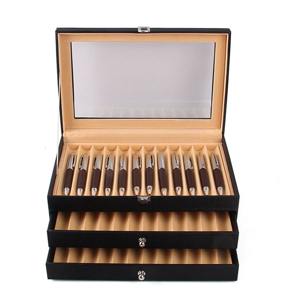 Estuche de Exhibición para Plumas de Gran Capacidad con 36 Ranuras - Caja de Almacenamiento para Coleccionistas de Cuero PU Resistente y Franela con Tapa con Vista al Cielo, Acceso Tipo Cajón Dorado y Diseño Curvo - Organizador de Lujo para 36 Plumas (12"