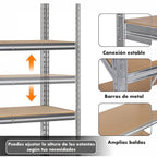 Estantería Metálica Almacenaje de Acero Galvanizado con 5 Baldas de MDF, Plata, 180x90x40cm Modular, Baldas Ajustables, trastero, Garaje.