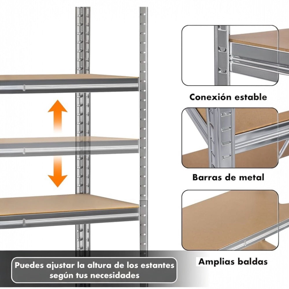 Estantería Metálica Almacenaje de Acero Galvanizado con 5 Baldas de MDF, Plata, 180x90x40cm Modular, Baldas Ajustables, trastero, Garaje.