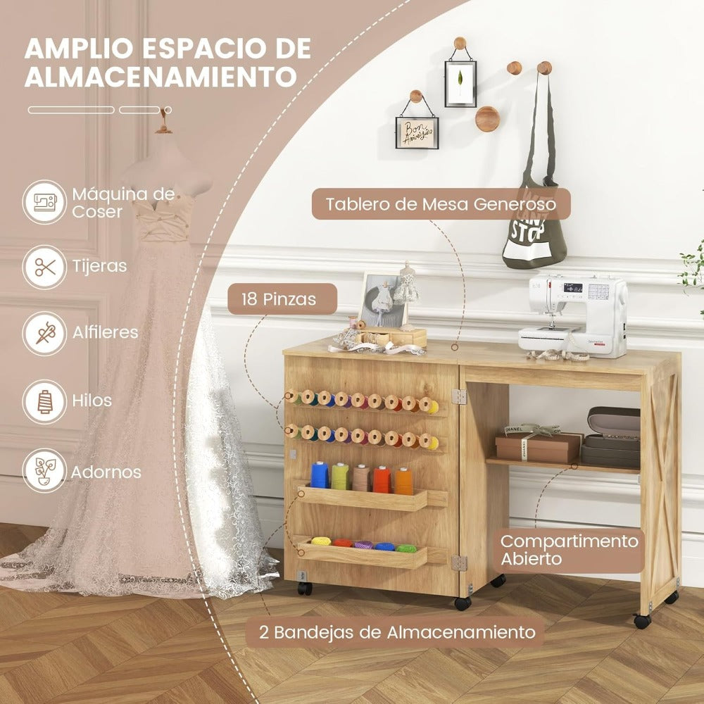 Armarios de Costura, Mesa de Costura Plegable con 2 Bandejas y 18 Pinzas de Almacenamiento, Compartimento Abierto y 5 Ruedas Bloqueables, Gabinete de Costura Multifuncional Natural