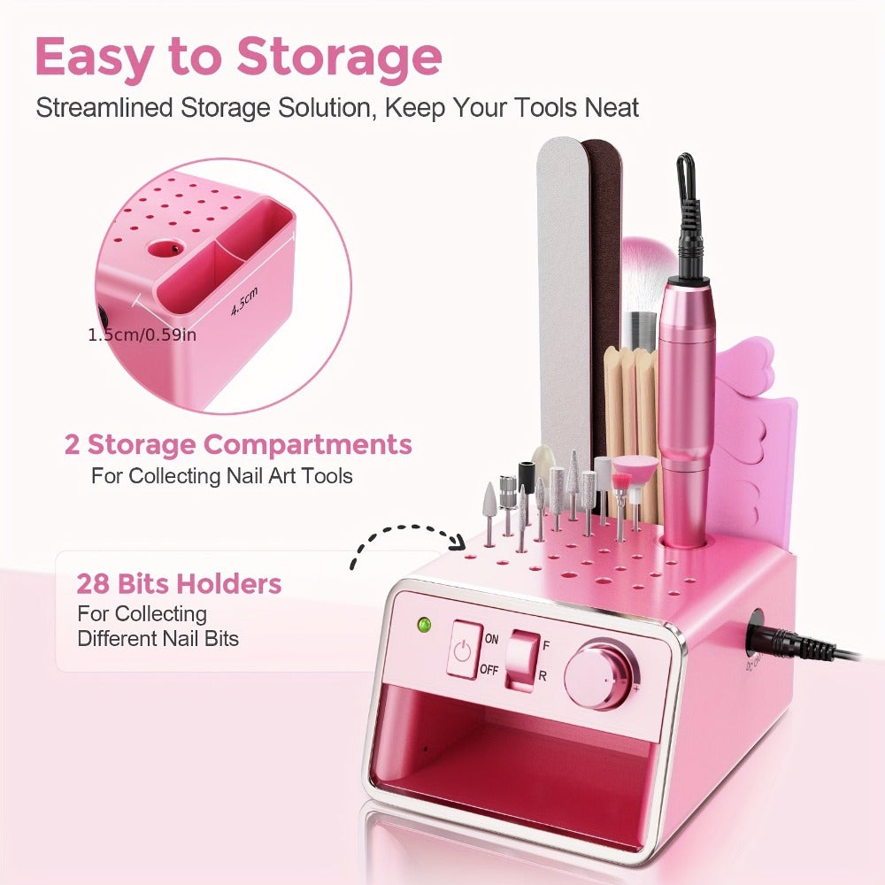 Kit Portátil de Lima Eléctrica para Uñas con 20,000 RPM, Múltiples Brocas y Tiras Pulidoras Para Remover Acrílico o Gel en Salón u Hogar - Rosa