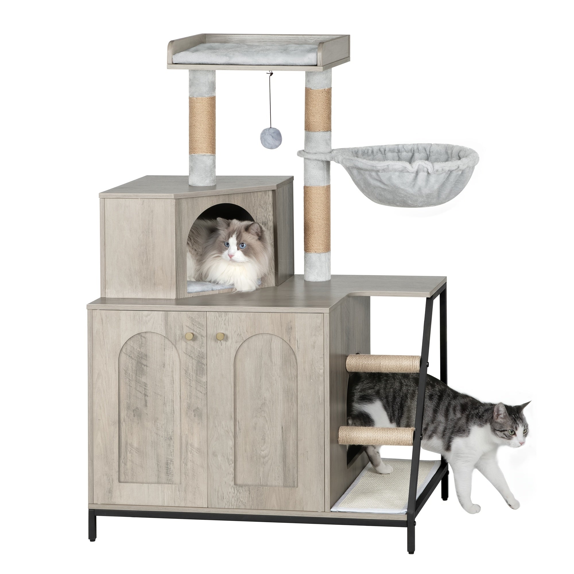 Árbol para Gatos con Armario de Letrero, Armario para Gatos, Casa Moderna 4-en-1 con Plataforma Grande, Casa para Gatos con Alfombra Rascadora de Sisal, Postes y Pompones, Cojines Lavables
