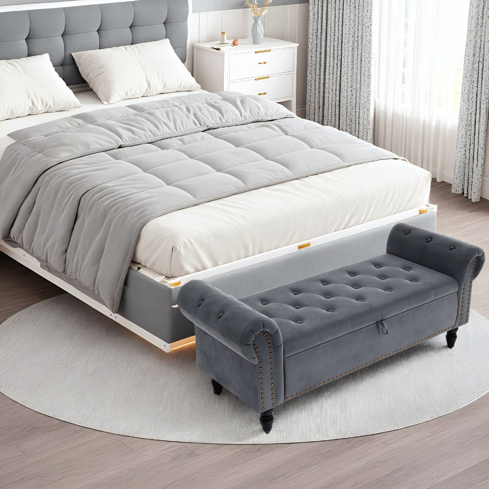 Banco de Almacenamiento, Caja de Almacenamiento de Terciopelo para la Cama con Tapa, Reposapiés con Patas de Madera Resistente, Capacidad de Carga de 168KG, Banco de Sofá para Dormitorio/Sala de Estar, 133X53X46Cm (Gris/Azul/Beige)