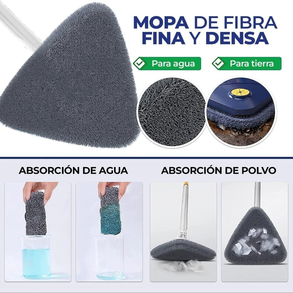 Mopa Triangular Limpieza Giratoria 360 para Limpiar Suelos, Paredes, Ventanas, Techos y Muebles. Fregona Triangular Microfibra, Función Autoescurrible, Incluye 2 Recambios. Cabezal de 27 x 27 x 27 cm, con un Mango Extensible de hasta 130 cm. - Dekohome