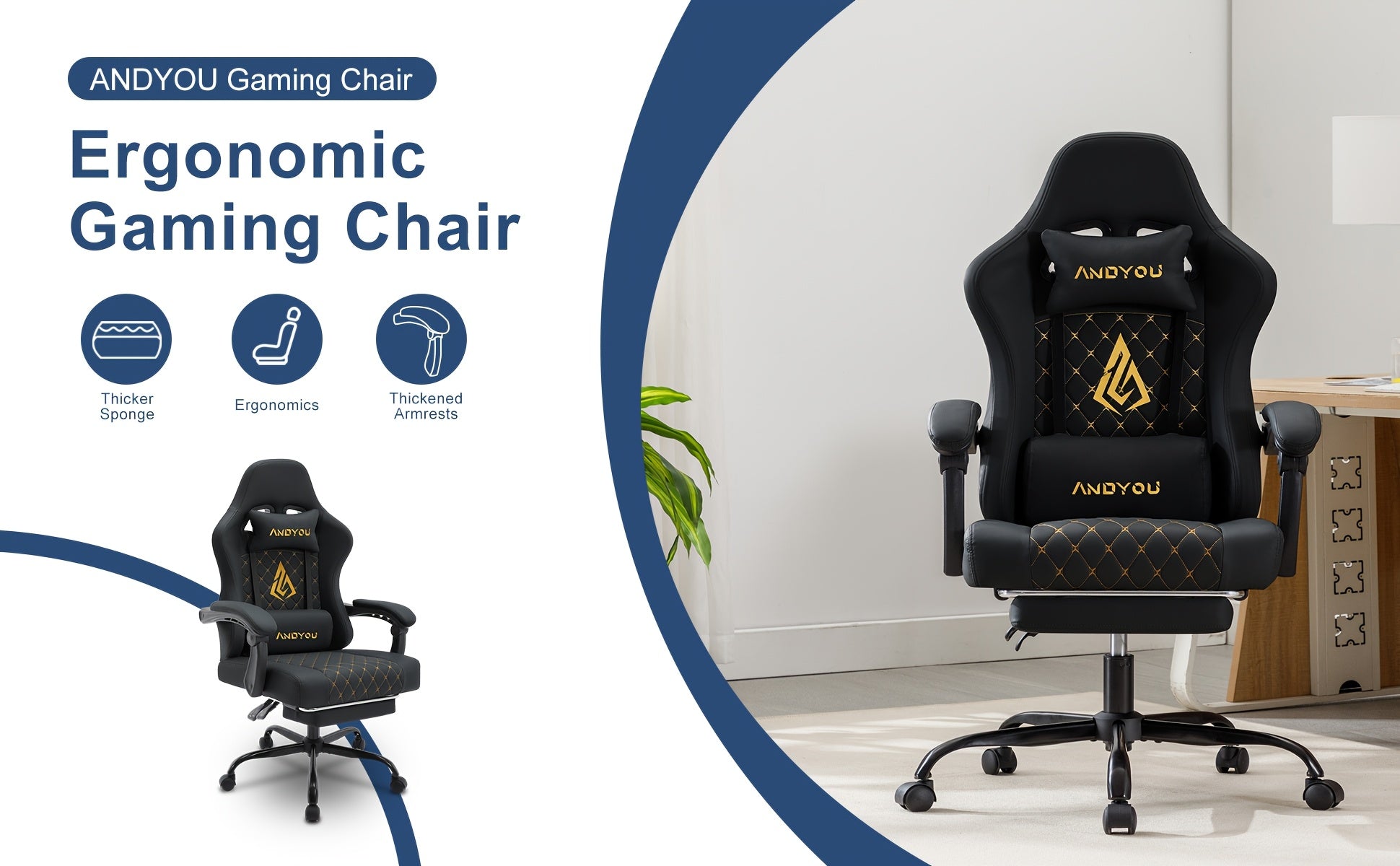 Silla de oficina | Silla de gaming Andyou con reposapiés, silla ergonómica de ordenador para juegos, silla de tarea giratoria y ajustable con
