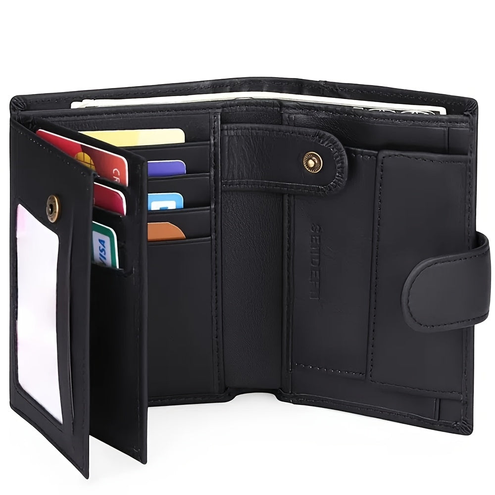 Cartera de Cuero Auténtico de Tres Solapas para Hombre con Protección RFID - Incluye 16 Ranuras para Tarjetas, un Monedero y un Portapasaporte