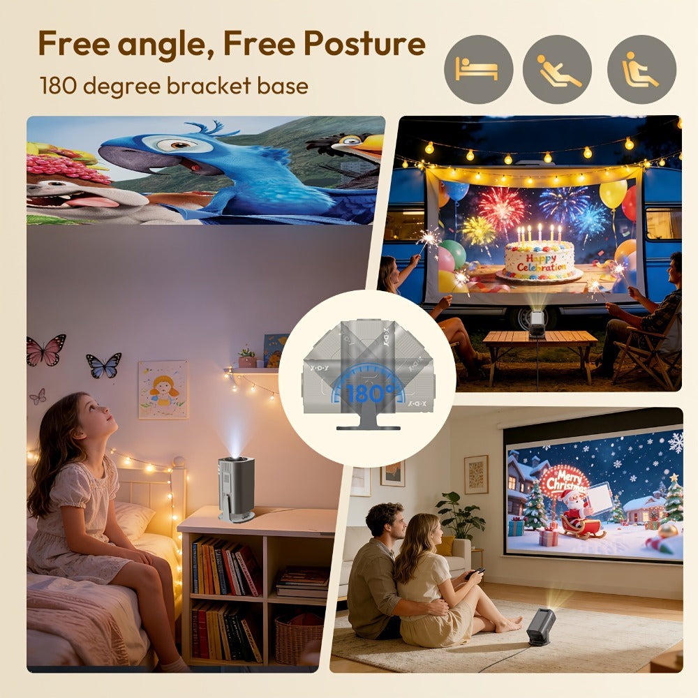 LUXVYN 2026 Proyector Portátil, con Android 11, Dual Wifi6, Brillo de 340ANSI, Local 1280X720P HD, Soporte 4K, Bajo Ruido, Ángulo de Proyección Flexible de 180°, Mini Proyector de Cine en Casa