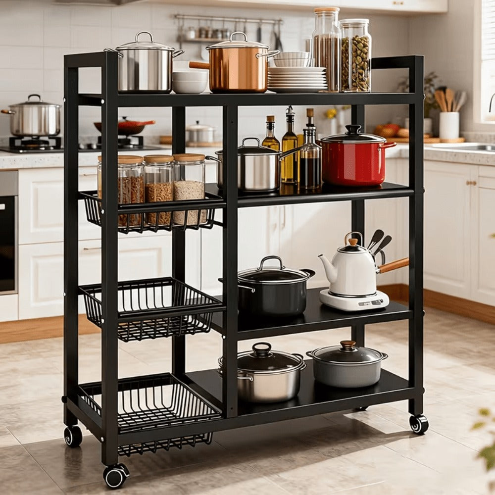 Estantes de cocina verticales ajustables, estantes abiertos de cuatro niveles con tres cestas de malla metálica, estantes de almacenamiento con poleas, estantes de organización de almacenamiento de cocina de gran capacidad, adecuados para cocinas, salas d