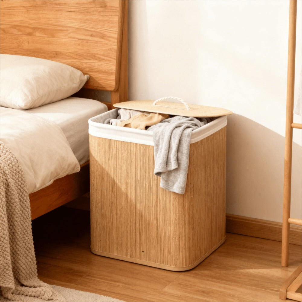 Ropero de Bambú con Tapa - Cesto de Bambú para Ropa Rectangular, Redondo y Cuadrado - Cesto para organización y colada (Rectangular - Oscuro)30*40*60CM