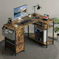 Escritorio Gaming en Forma de L con 3 Cajones de Tela para Almacenamiento, Escritorio de Oficina en Casa Ahorrador de Espacio con Soporte para CPU, Fácil de Montar, Estación de Trabajo y Juegos, Estructura de Madera Resistente, Dormitorio, Adultos