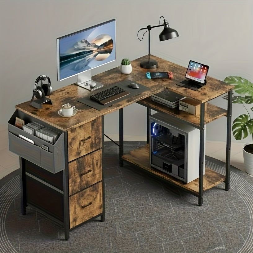 Escritorio Gaming en Forma de L con 3 Cajones de Tela para Almacenamiento, Escritorio de Oficina en Casa Ahorrador de Espacio con Soporte para CPU, Fácil de Montar, Estación de Trabajo y Juegos, Estructura de Madera Resistente, Dormitorio, Adultos