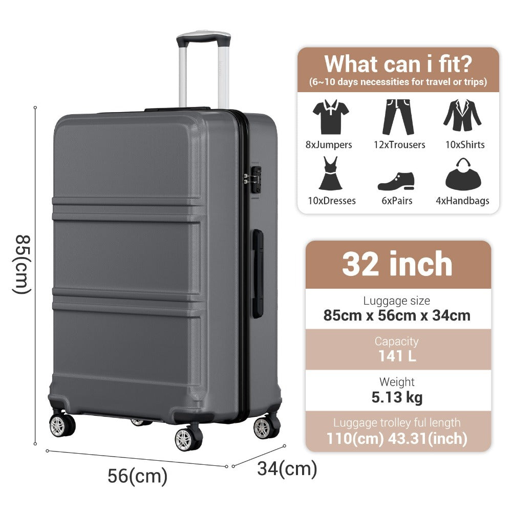 Kono ABS+PC Maleta Extra Grande de 32 Pulgadas, Diseño Horizontal Esculpidor, Equipaje Rígido con Ruedas y Mango Telescópico