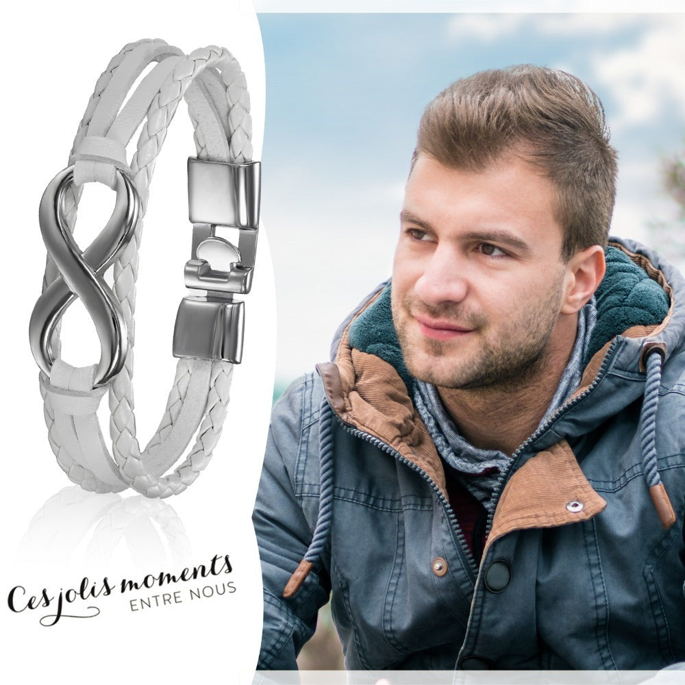 Pulsera de Cuero PU Trenzado con Símbolo Infinito para Hombres y Mujeres - Brazalete en Forma Infinity, Estilo y Blanco Regalo Joyería Unisex Para Boda/Aniversario/Accesorio Punk (Sin Metal, Uso Todo el Año)