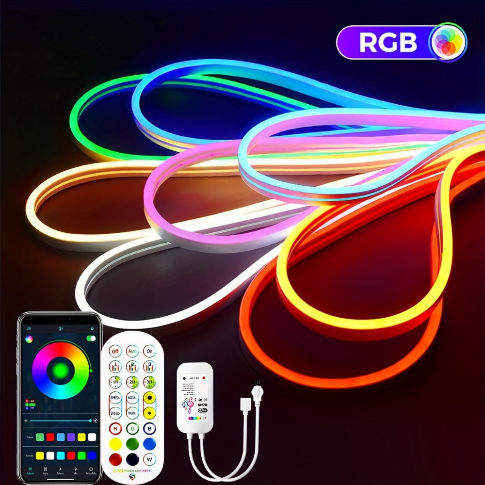 Tira de luz LED neón regulable de 5/10 metros, función, tira de luz neón RGB para juegos con sincronización de música controlada por aplicación, fuente de alimentación estándar europeo, adecuada para uso en interiores, cocina, sala de estar, techo de dorm