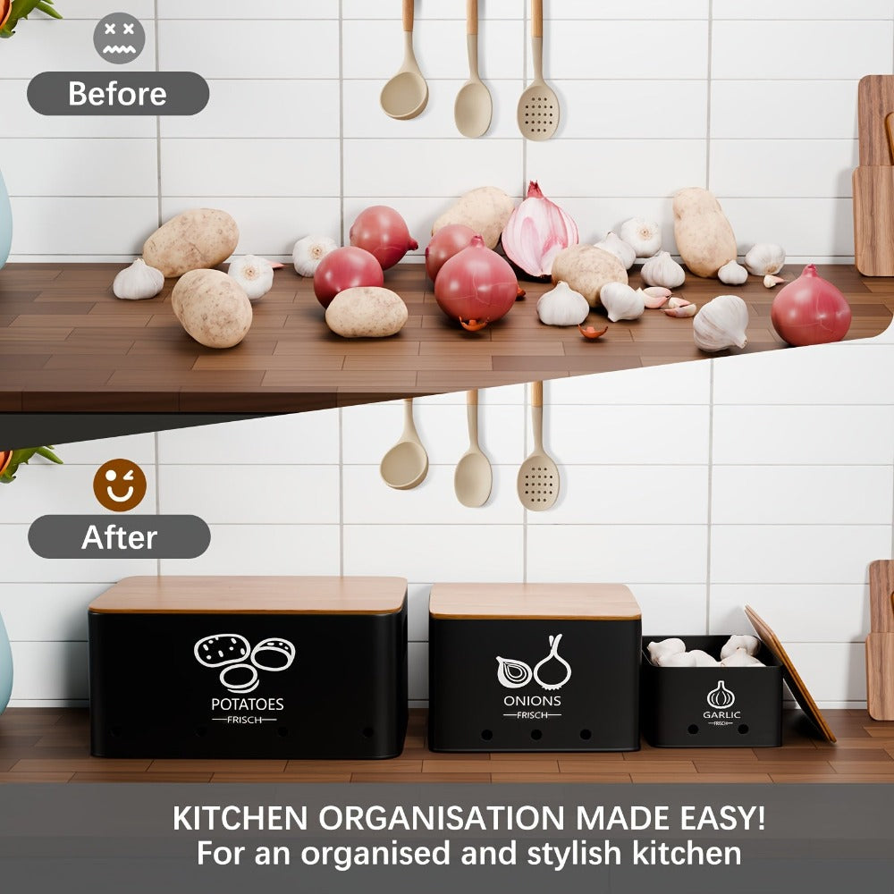 3 Piezas Caja de Almacenamiento de Verduras, Tarro para Patatas, Cebollas y Ajos, Crisper de Metal para Verduras, Organizador de Alimentos para Cocina y Despensa