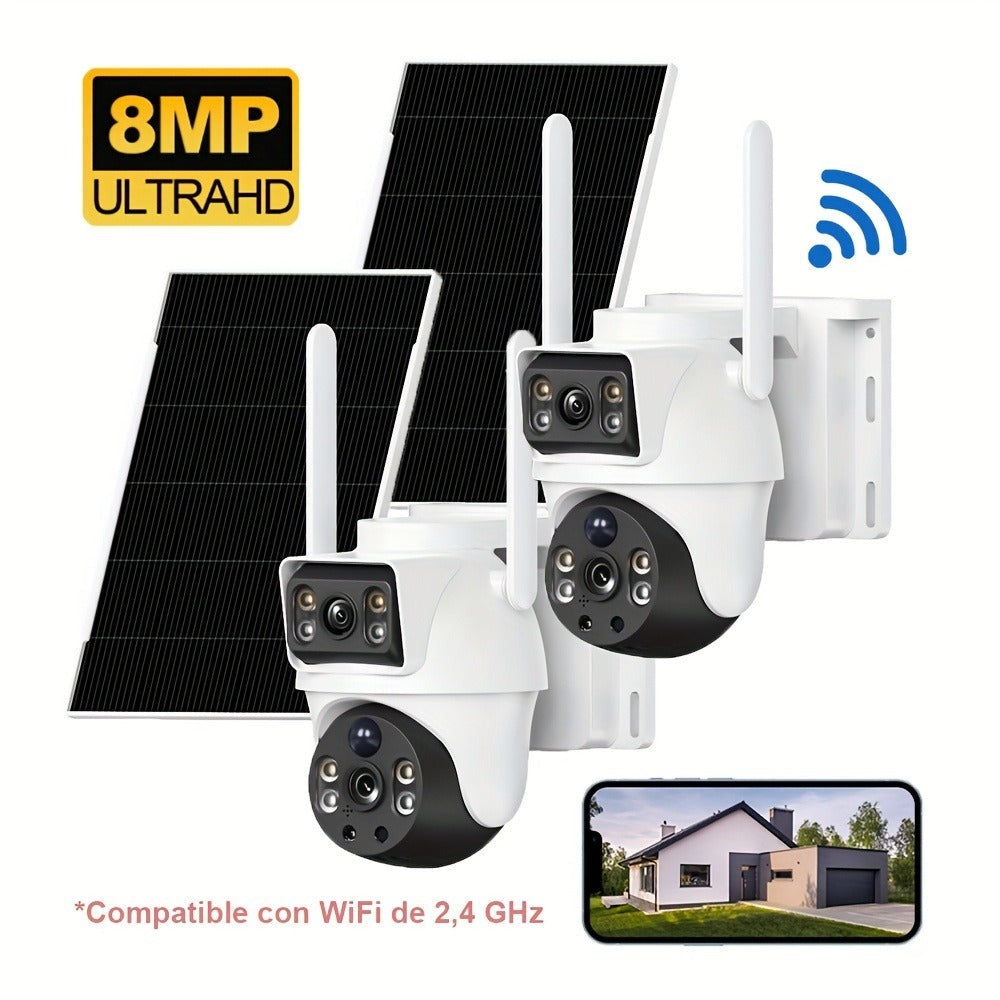 2 Cámaras WiFi de 8MP con Doble Lente, Visión Nocturna a Color, Ángulo de 360°, Audio Bidireccional, Detecção PIR y Alimentación Solar, Compatible con Red 2.4G