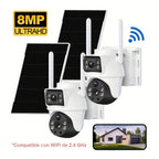 2 Cámaras WiFi de 8MP con Doble Lente, Visión Nocturna a Color, Ángulo de 360°, Audio Bidireccional, Detecção PIR y Alimentación Solar, Compatible con Red 2.4G