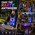 Sistema de altavoz de karaoke portátil Bluetooth, subwoofer dual de 3 pulgadas con graves profundos, luces de fiesta LED, radio FM, estéreo sin varillas TWS, altavoz PA de alto volumen, altavoz Bluetooth para exteriores para fiestas de verano, camping, pl
