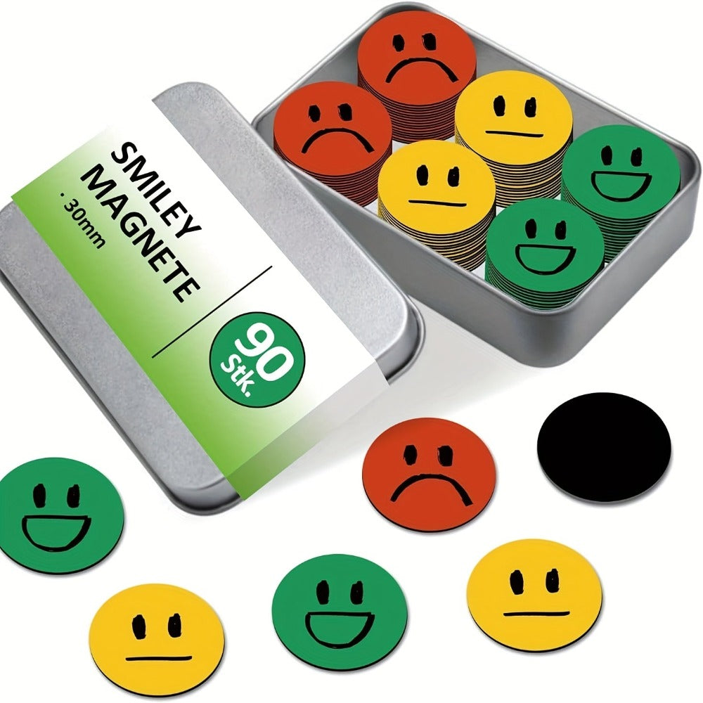 Paquete de 90 imanes de caras sonrientes de colores con un diámetro de 30 mm cada uno, con adhesivo fuerte para superficies planas. Ideal para refrigeradores, accesorios para profesores y tableros de recompensas con imanes de caras sonrientes, disponible