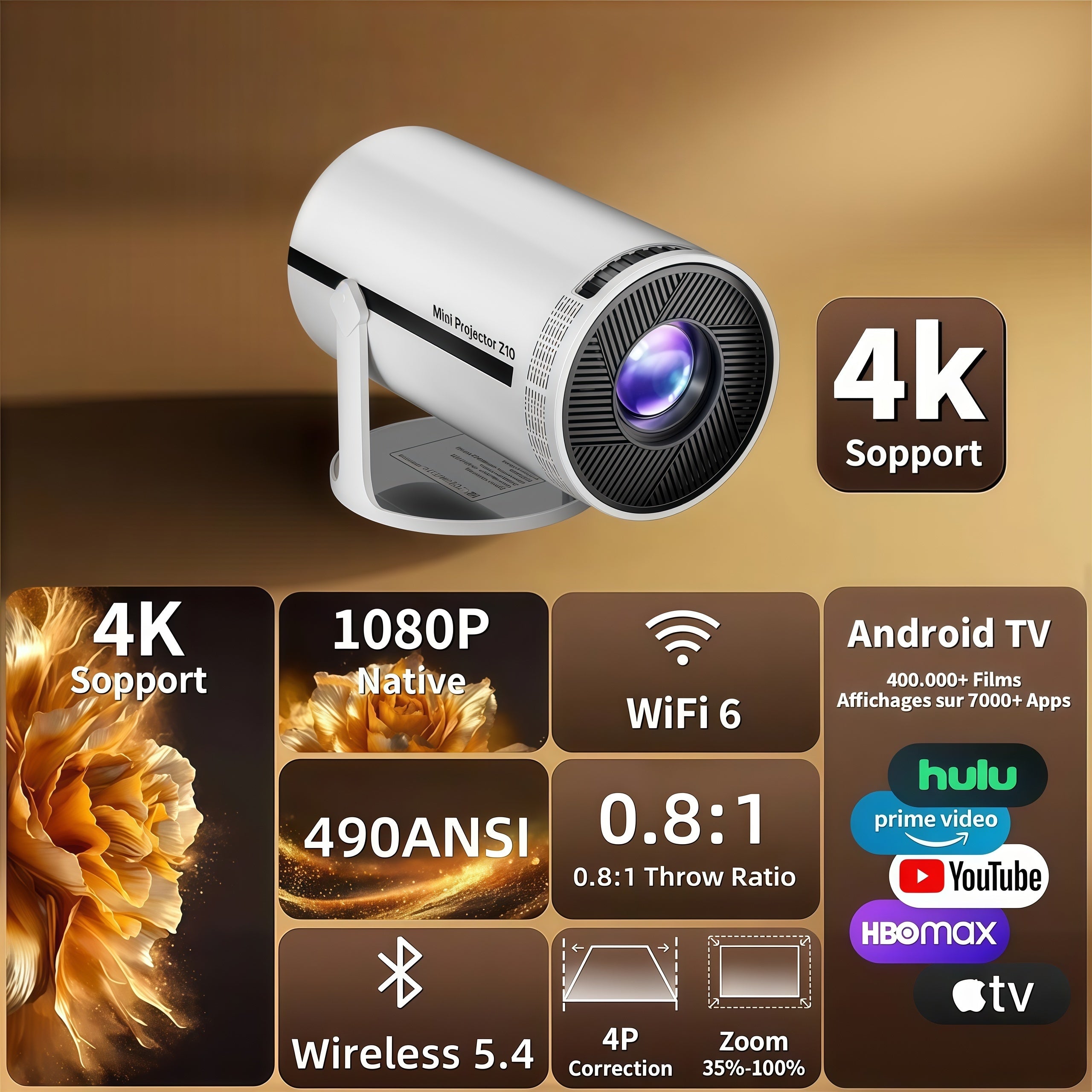 Proyector | Proyector Mini de Cine en Casa 2026, Sistema Android 11.0, Proyector 4K con WIFI 6 y BT 5.2, Decodificación 4K, Resolución Nativa