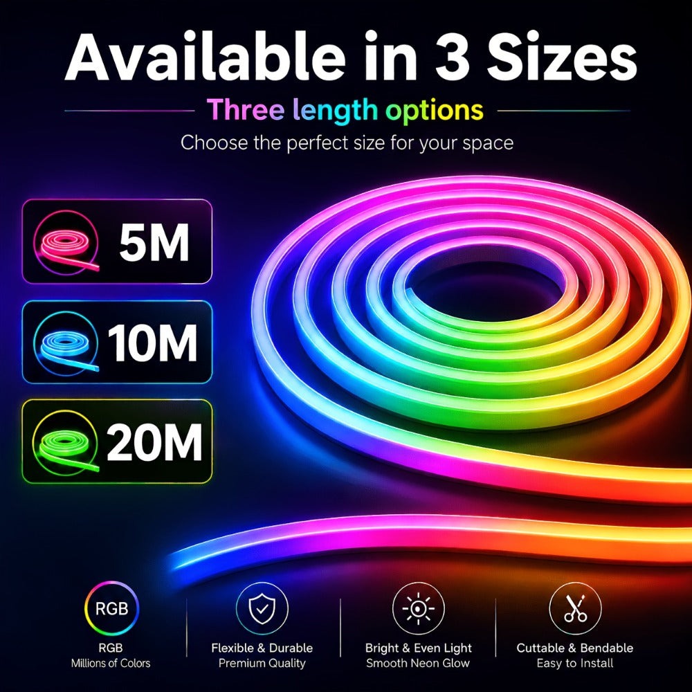Tira de luz neón RGB de 5M/10M/20M con colores a través de la aplicación, control remoto, configuración de temporizador, flexible y cortable, y modo de ritmo musical, perfecta para la decoración de iluminación de escenarios, regalo