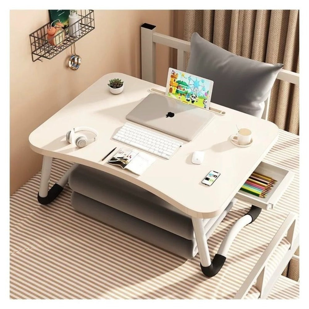 Mesa plegable multifunción para cama y sofá con portavasos, 60×40×28 cm, mesa auxiliar con atril para leer en la cama, bandeja multifunción para ordenador, libros, trabajo y estudio en casa (con cajón / sin cajón)